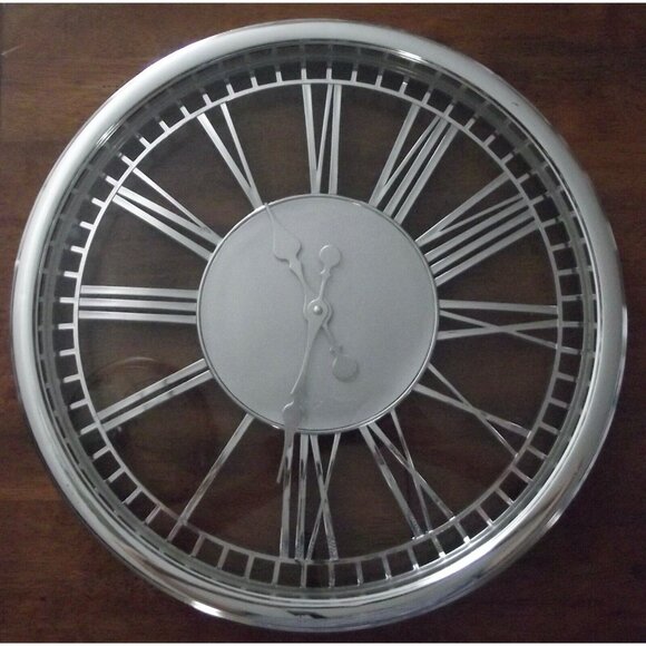 Wall Clock Large 20" Round Silver Cut Out Chrome Roman Numeral Skeleton Round - Picture 7 of 8